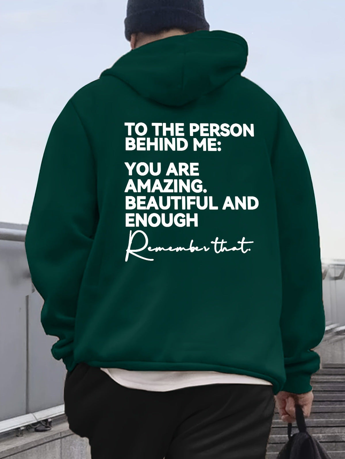 Loose-fit Drop-shoulder Hooded Sweatshirt With English Print On The Back