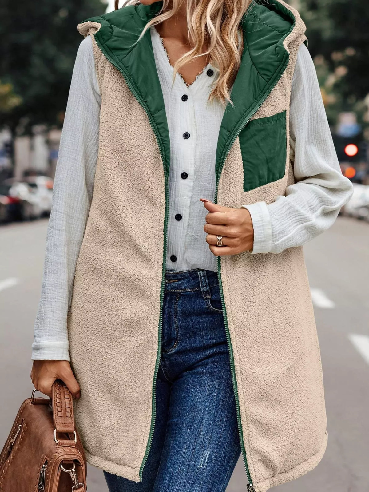 Full Size Hooded Sherpa-Lined Puffer Vest Coat Plus Size