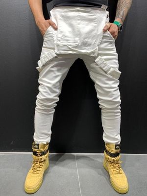 Ripped Denim Pants with Suspenders