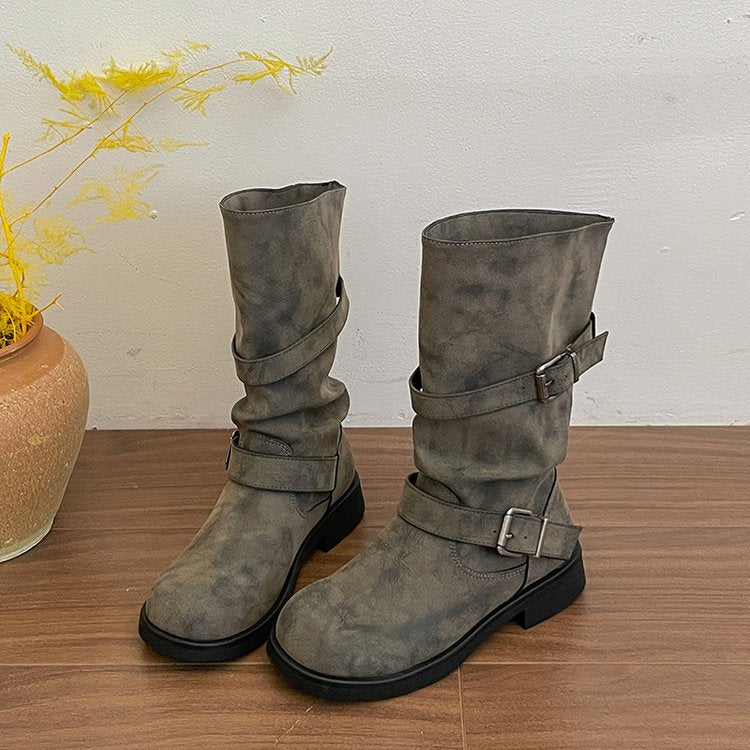 Women Distressed Vintage Slouchy Mid Calf Boots Multi Metal Buckle Straps Wrinkled Shaft Low Block Heel Pull On Biker Booties Retro Y2K Casual Street Medium Shaft Boots
