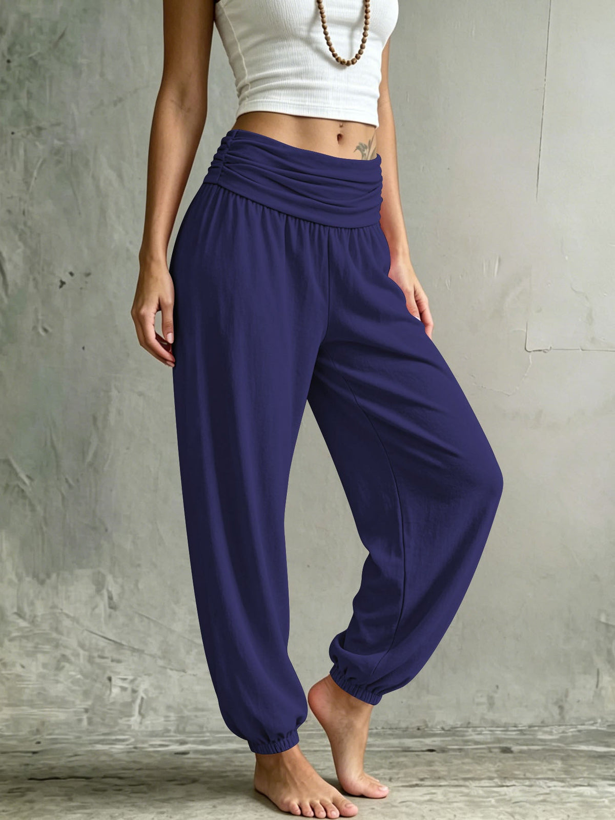 Summer Women Fold Over Waist Joggers, Soft Stretchy Loose Harem Pants Casual Daily Lounge Tapered Sweat Pants