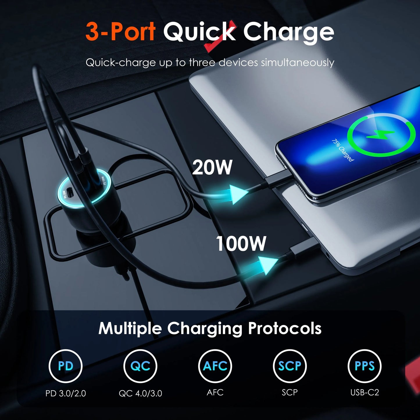 Cargador de coche de tres puertos USB C Rexing 120W con cable incluido