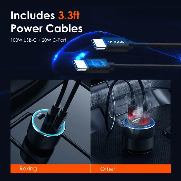 Cargador de coche de tres puertos USB C Rexing 120W con cable incluido