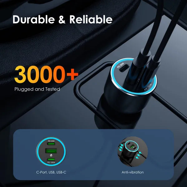 Cargador de coche de tres puertos USB C Rexing 120W con cable incluido