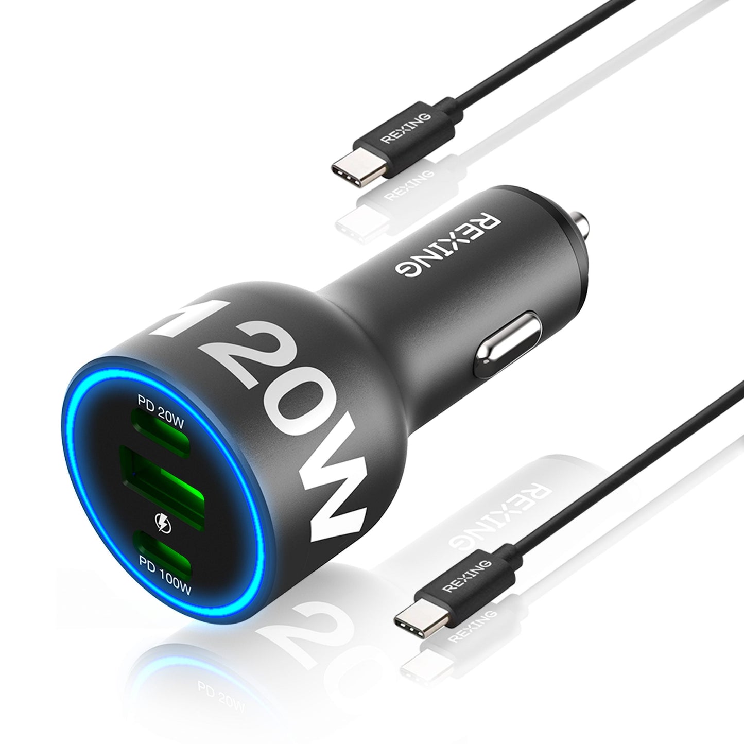 Cargador de coche de tres puertos USB C Rexing 120W con cable incluido