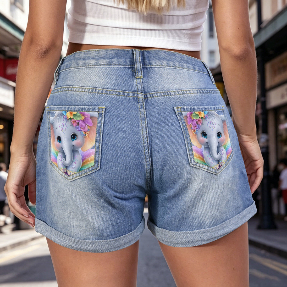 Cute Elephant Light Blue Denim Shorts with Dual Pockets Design