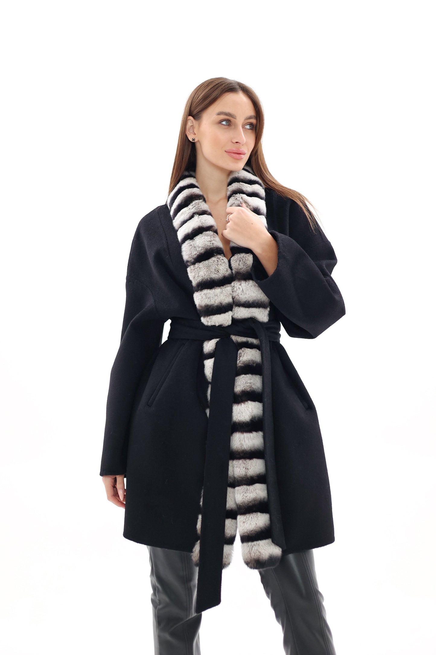 Abrigo de lana de cachemira italiano de piel de orylag francés genuino 85cm