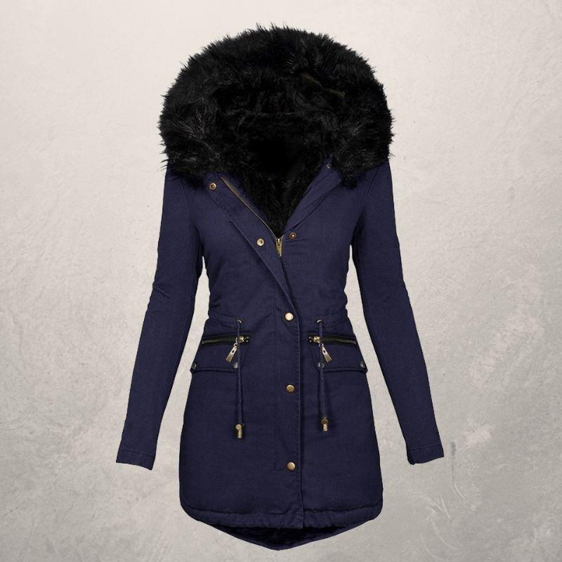 Medium Length Hooded Cotton Padded Jacket with Wool Collar