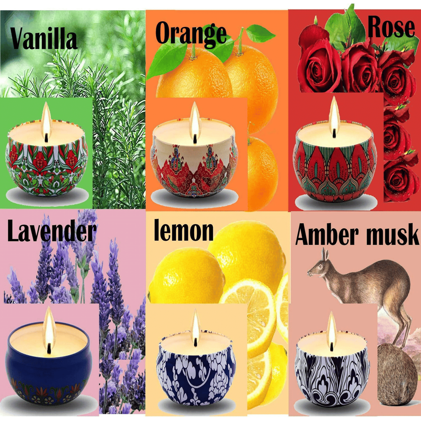 Scented Candles Soy Wax 6-Pack Gift Package Vanilla Lavender Rose Orange Lemon Amber Musk Natural for Stress Relief Aromatherapy Candle Sets Gifts for Women Men Lasting 120hours 2.5oz per tin