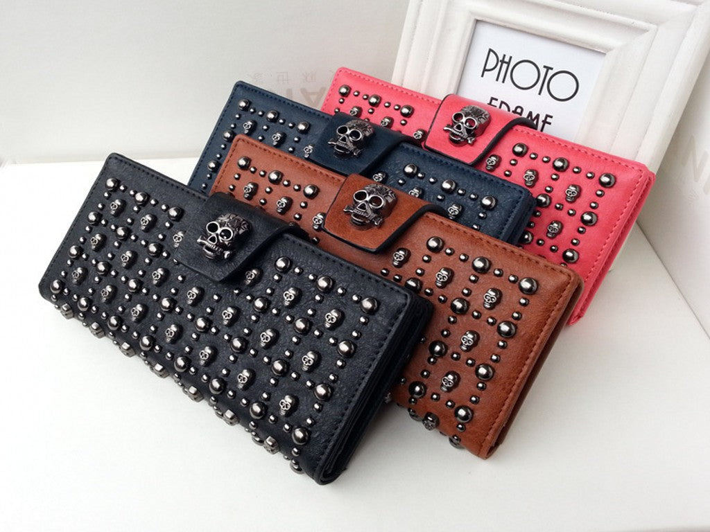 Women's Skull Studded Long Wallet Travel Bag