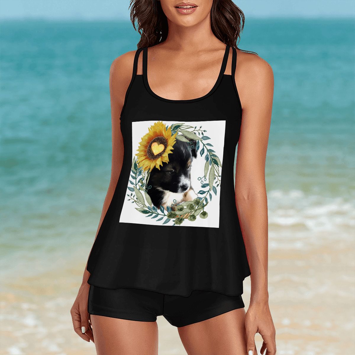 Women's Cute Black Puppy with Yellow Sunflower 2-piece Swimsuit with Straps(Made in USA)