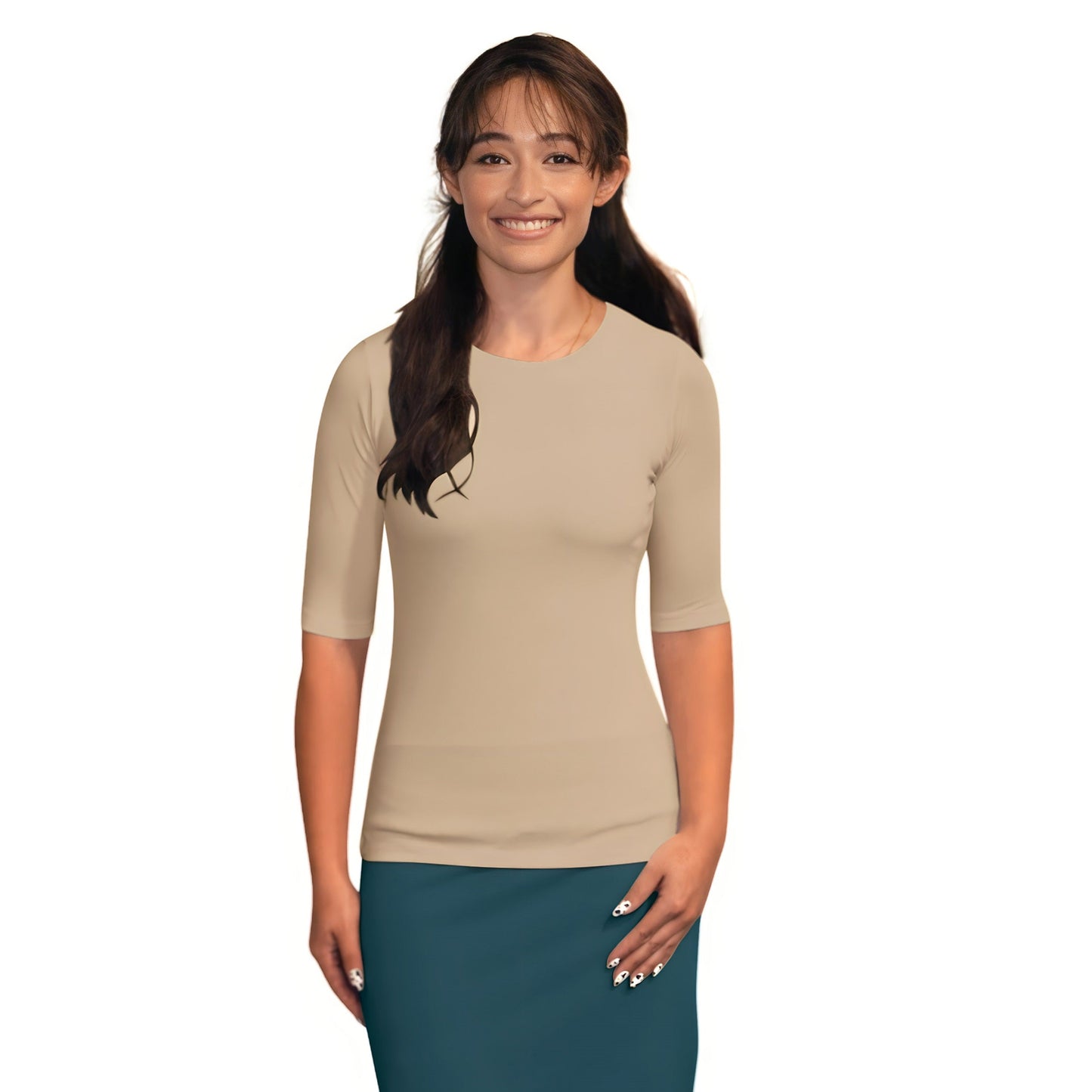 Women's and Plus Size Fitted Layering Shell - Modest Round Neck with Elbow Sleeves