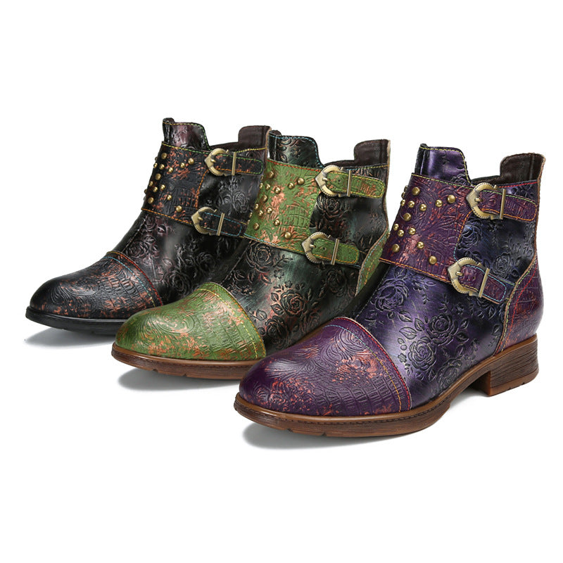 Botas de moda para mujer con hebilla de remache retro. Consulta la tabla de tallas en "más detalles".