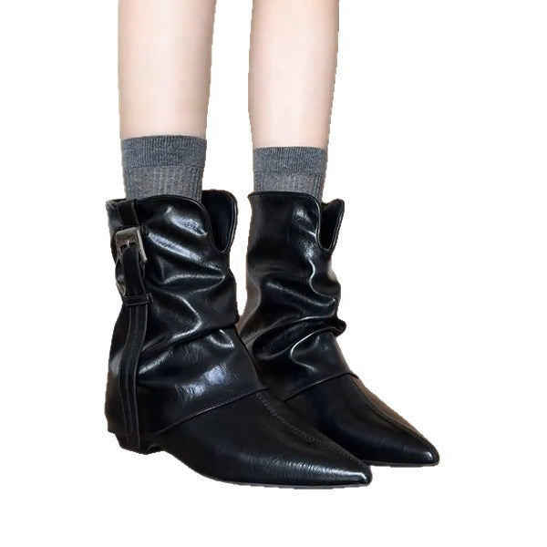 Pointed-toe Leather Belt-buckle Ankle Boots For Women