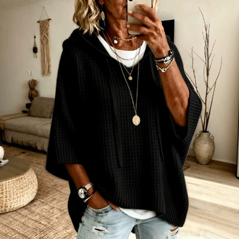 Womens Solid-color Casual Loose-fitting Hooded Sweater