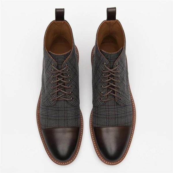 Lace-up Low-Top Boots With Checkered Fabric