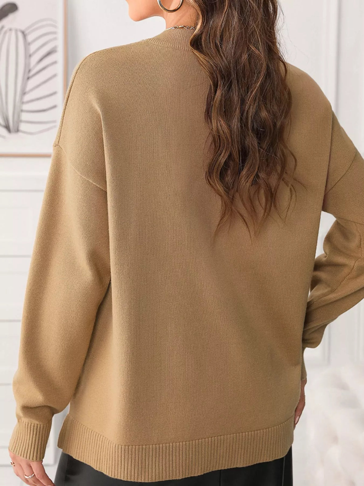 Center Seam Drop Shoulder Pullover Solid Sweater