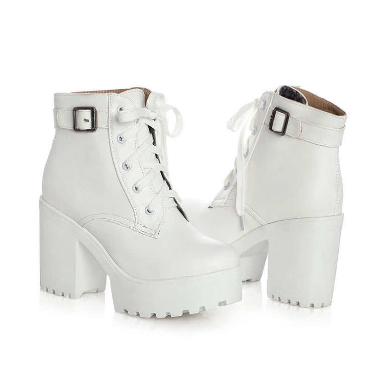 Women's Sponge Cake Chunky Heel Lace-Up Martin Boots