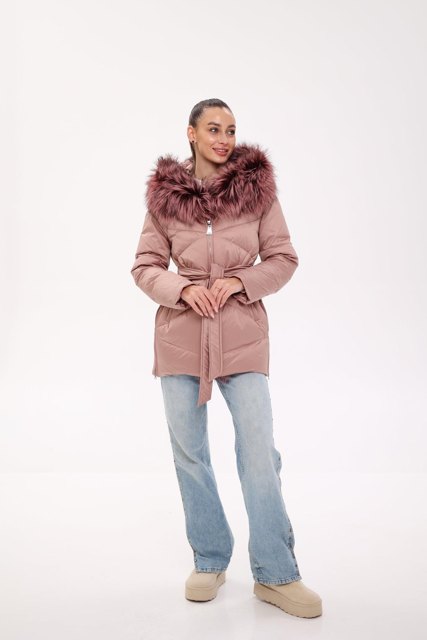 Parka de plumas con ribete de auténtica piel de zorro plateado