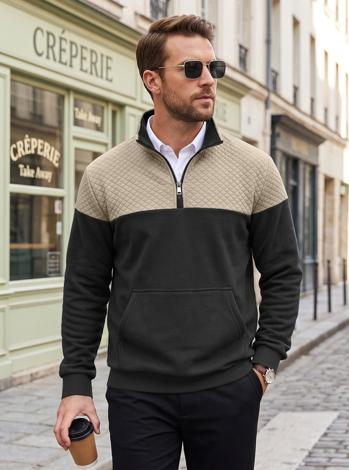 Cross Border American Men's Waffle Casual Stand Collar Zipper Pullover Small Square Long Sleeve Sweater TK Rhombus Jacket