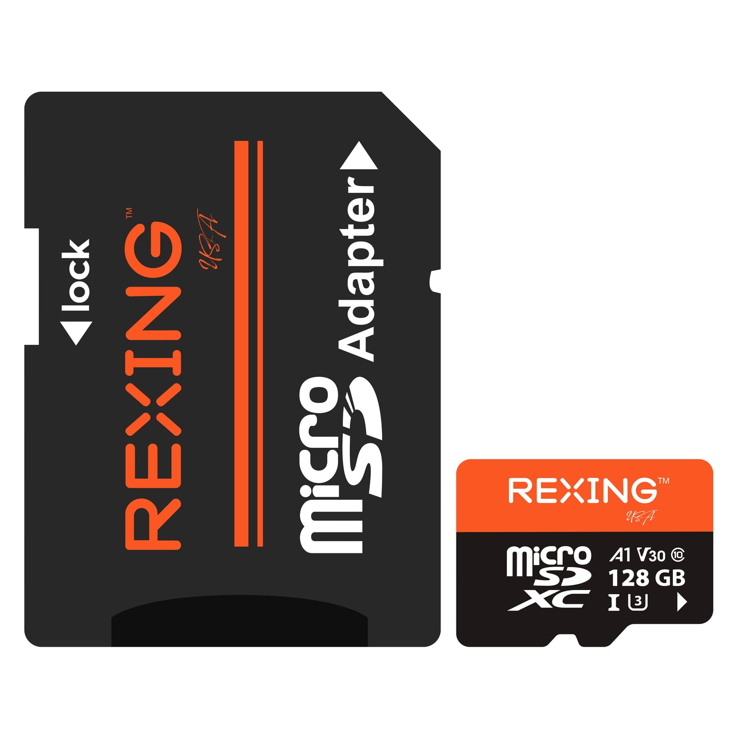 Tarjeta SD REXING microSDXC UHS-3 4K Full HD de alta velocidad para video, monitoreo y transferencia, con adaptador para cámaras de salpicadero, sistemas de vigilancia, cámaras de seguridad y cámaras corporales.