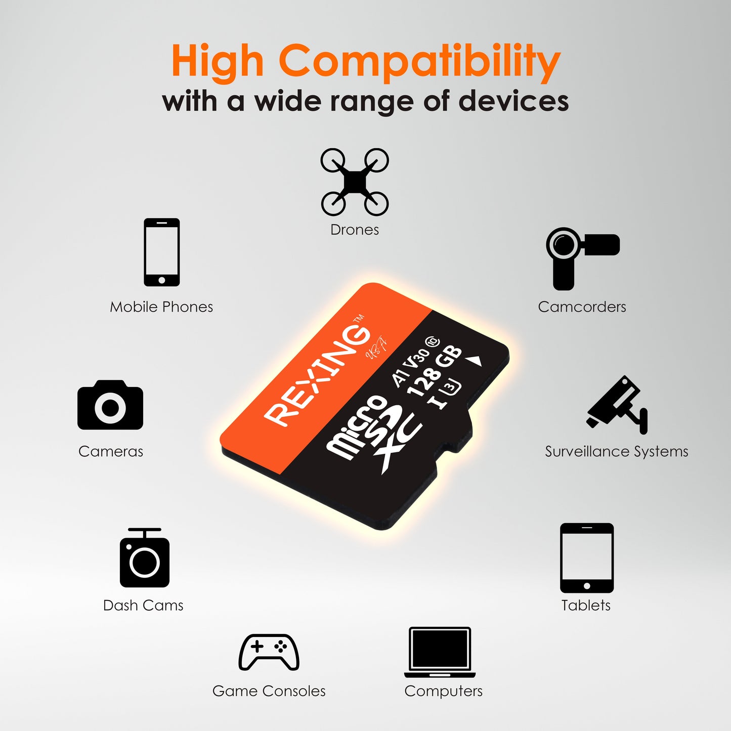 Tarjeta SD REXING microSDXC UHS-3 4K Full HD de alta velocidad para video, monitoreo y transferencia, con adaptador para cámaras de salpicadero, sistemas de vigilancia, cámaras de seguridad y cámaras corporales.