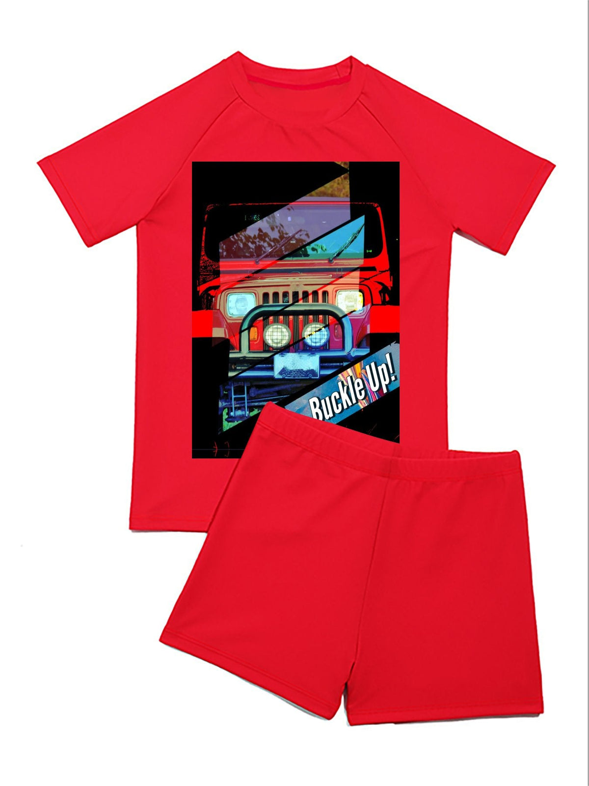 Buckle Up! 4-wheel Drive Short Sleeved 2-piece Swimsuit for Children