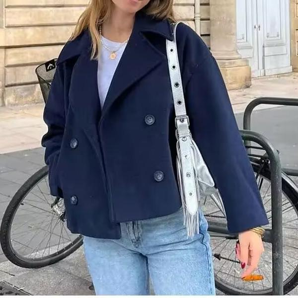 Women Clothing Autumn Winter Casual Collared Double Breasted Woolen Coat Top Women