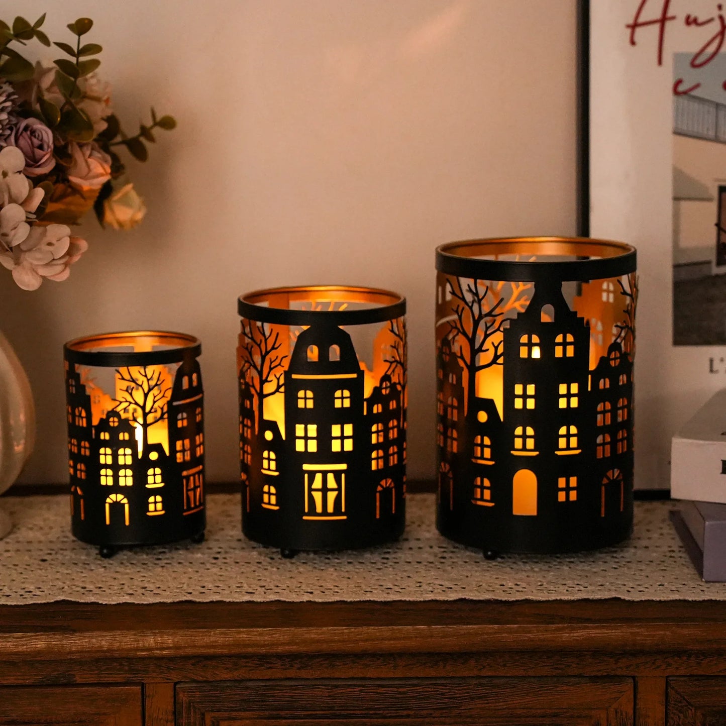 12PCS Village Silhouette Candle Lantern 7.5" H Etched Bronze Metal Candle Holder Decorations for Living Room Tabletop Parties Patio Entryway Indoors Outdoors