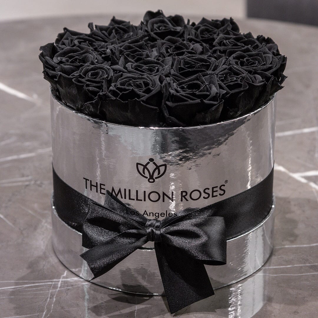 Espejo clásico, caja plateada | Rosas negras