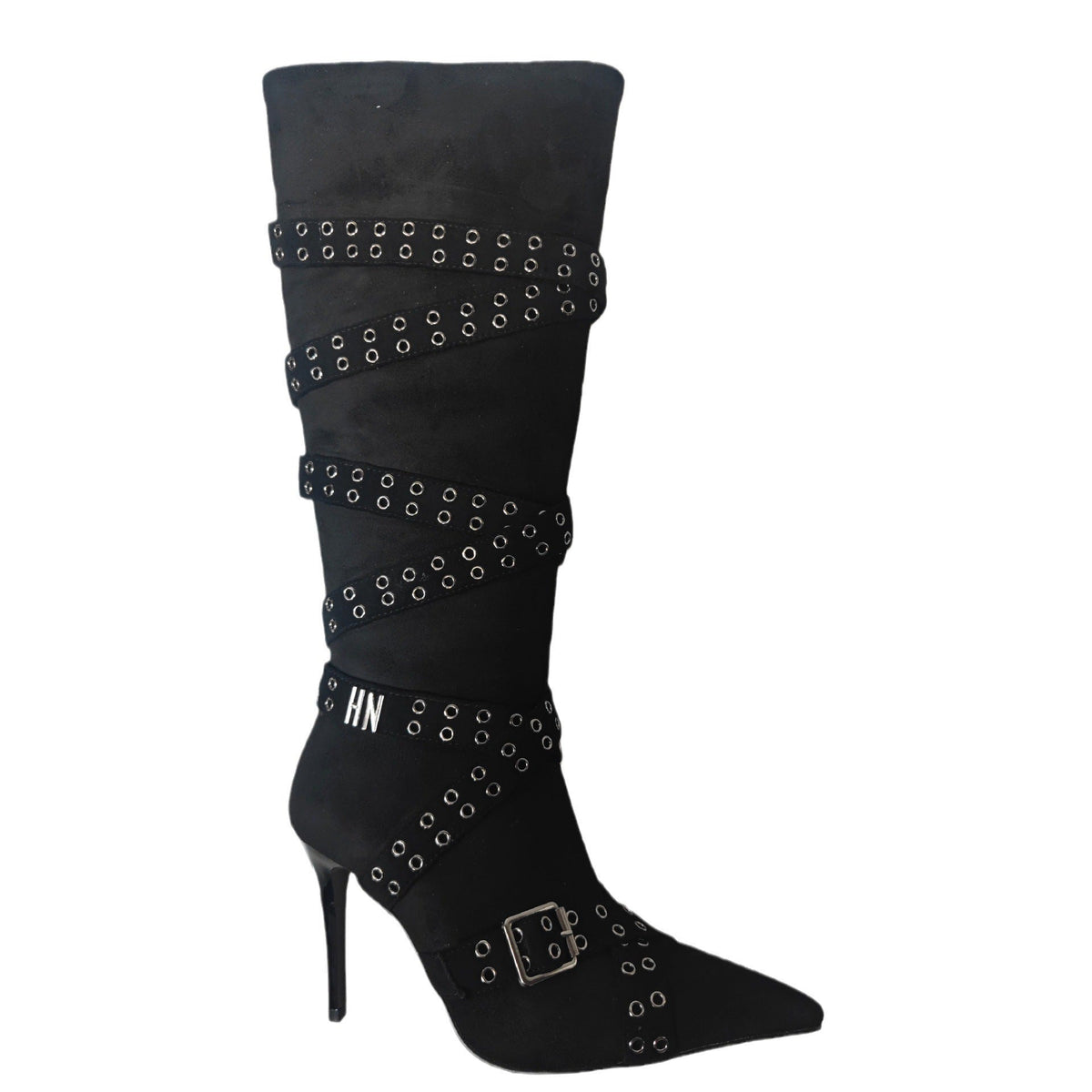 Strap-detail Pointed-toe Studded High-heeled Over-the-knee Boots For Women