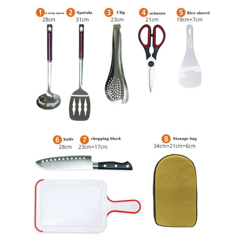 Juego de utensilios de cocina para acampar de 8 piezas, organizador de viaje, accesorios para parrilla, equipo compacto portátil para barbacoa, camping, senderismo