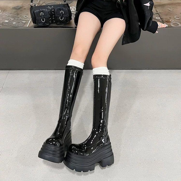 Knee High Boots For Women, Made Of Patent Leather With Thick Sole And Increased Elasticity, Slim And Tall, Knight Boots