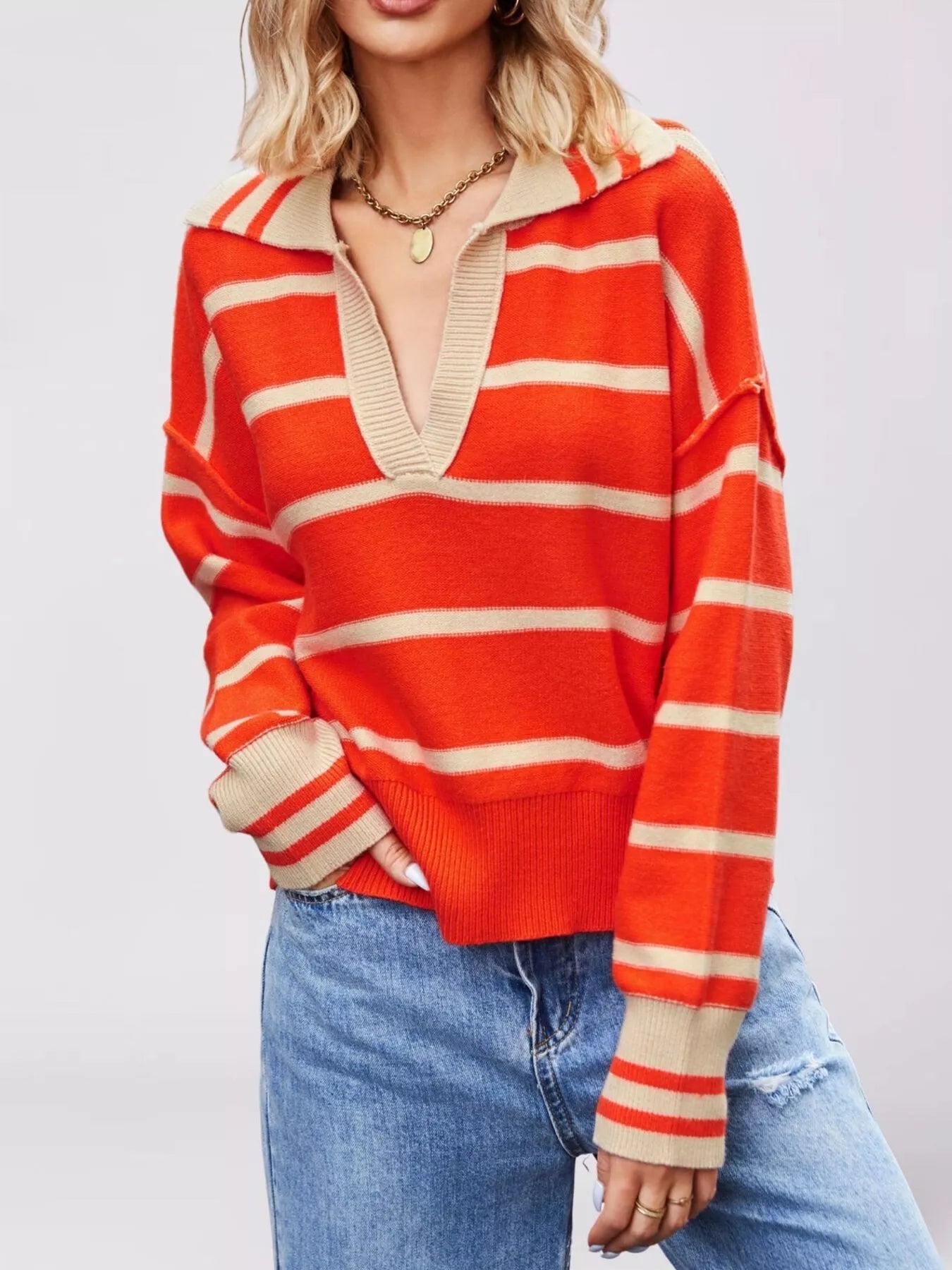 Striped Johnny Collar Dropped Shoulder Sweater