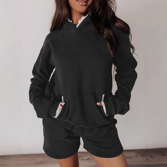 Conjunto de dos piezas casual de sudadera con capucha y pantalones cortos de talle alto para mujer. Consulta la tabla de tallas en "más detalles".
