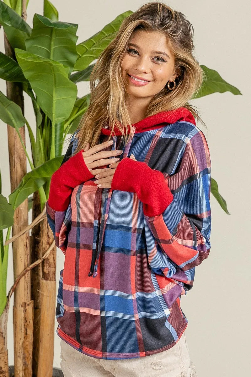 Plaid Mirr Brushed Rib Contrast Thumb Open Hoodie