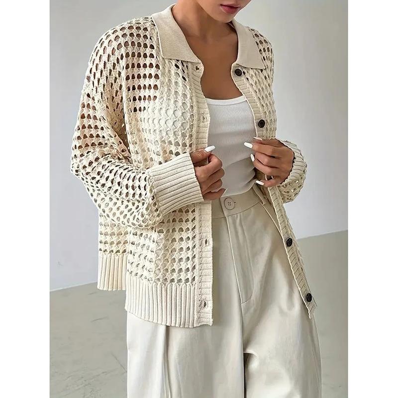 Women's Plus Size Cardigan Lightweight Hollow Out V-Neck Button Down Long Sleeve Knit Coat, 0XL-4XL