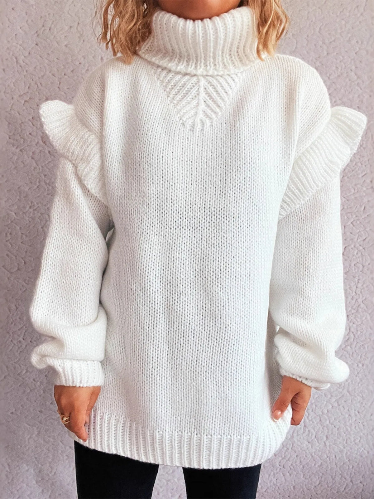 Ruffled Turtleneck Long Sleeve Sweater