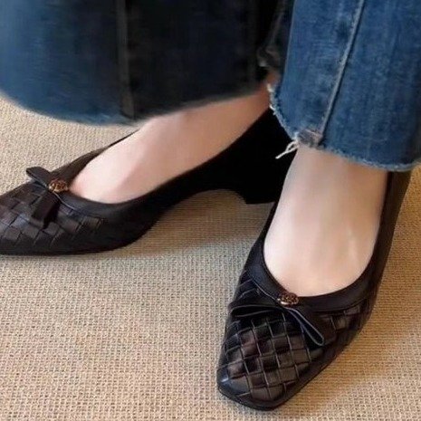 Women Slim Square Toe Inner Height Increase Flats, Slip-on Woven Bow Shallow Mouth Mary Jane Shoes