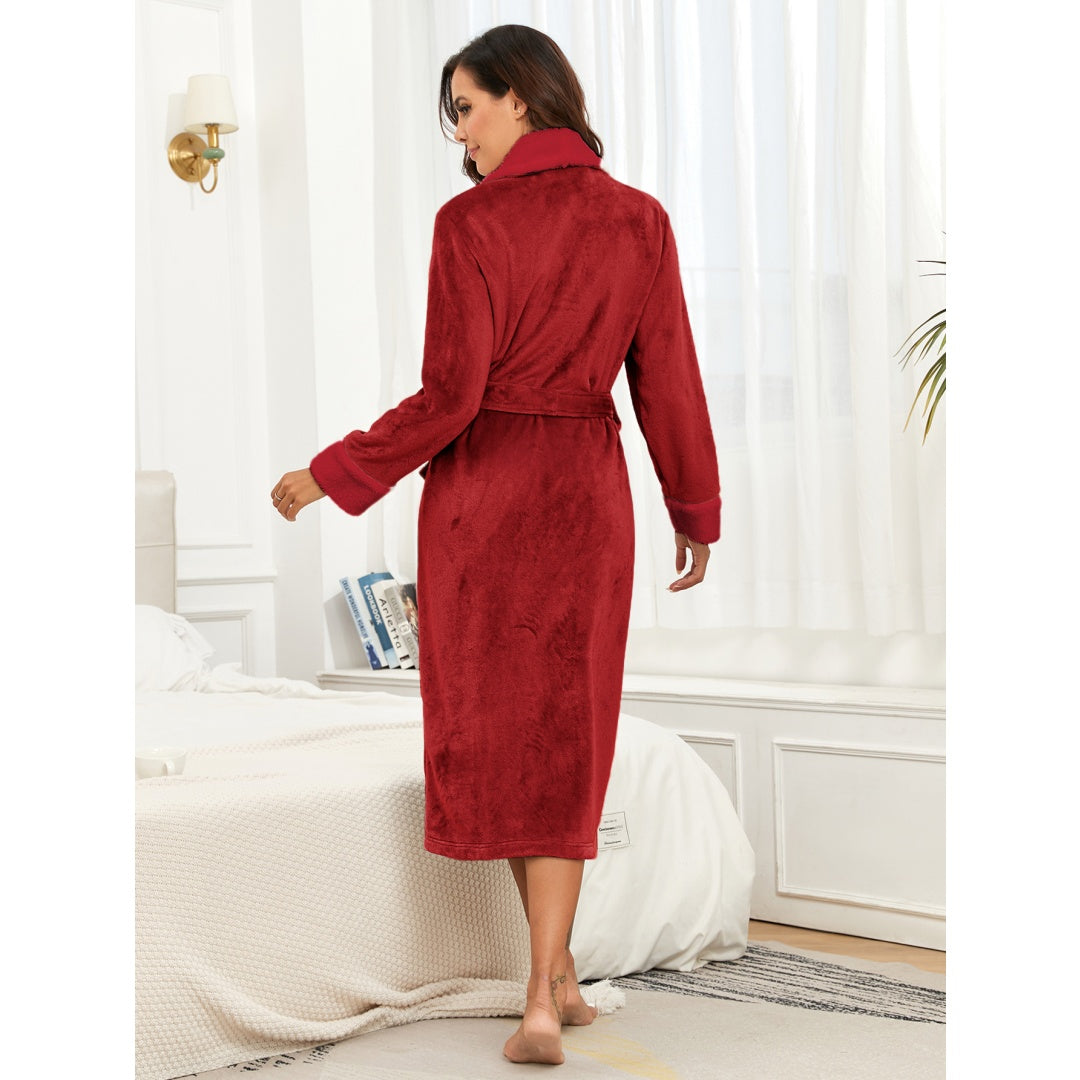 Women's Red Plush Fleece Long Bathrobe