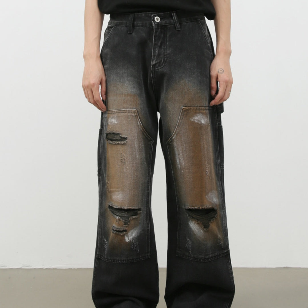 Street Retro Jeans Men's Loose Hole Straight-leg Trousers