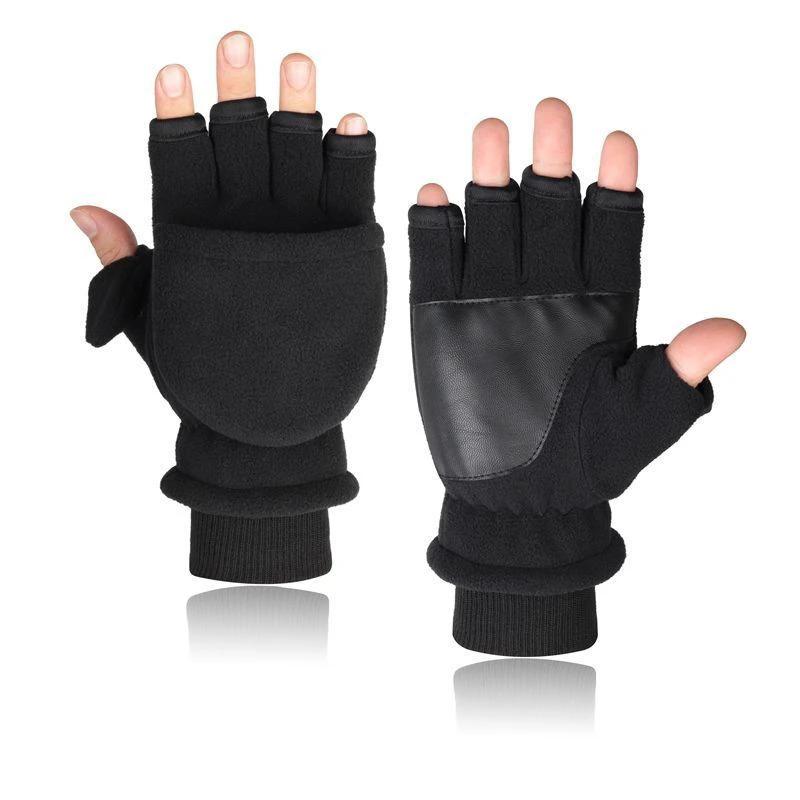 Men's Double-layer Velvet Flip Touch Screen Half Finger Gloves