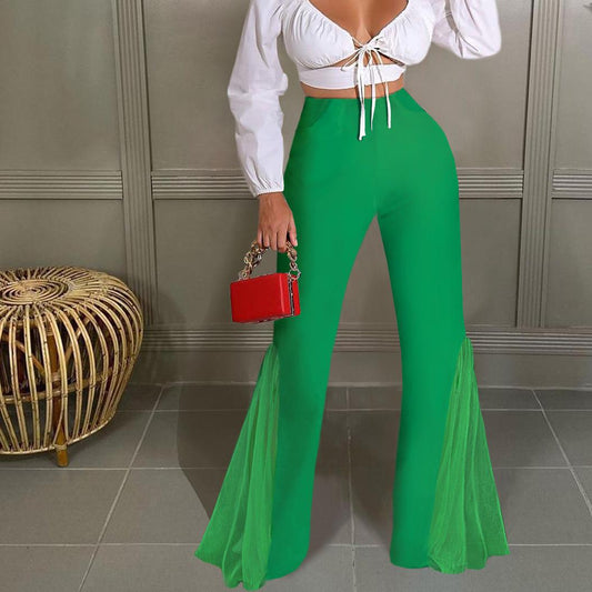 Women Clothing Sexy High Waist Split Slimming Easy Matching Mesh Patchwork Pocket Bell Bottom Pants