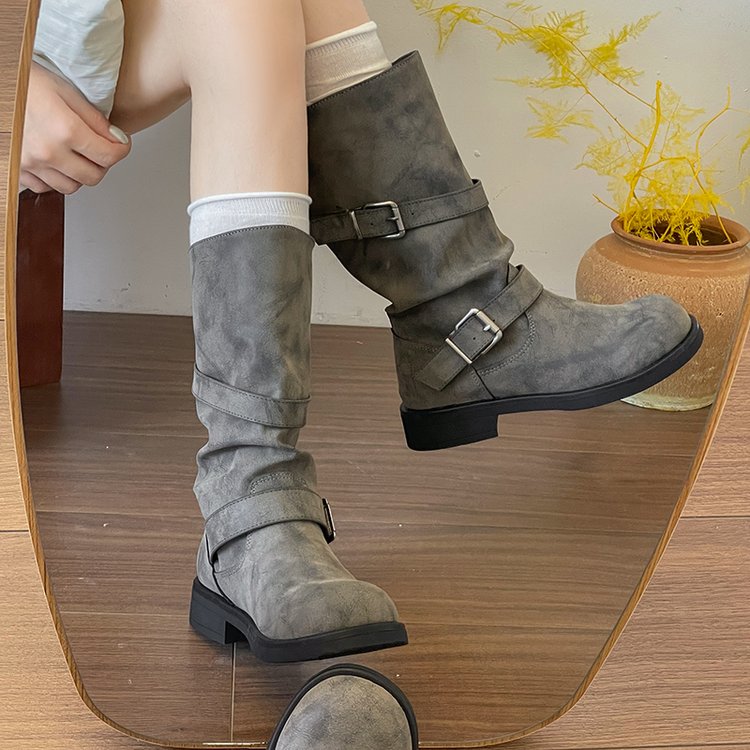 Women Distressed Vintage Slouchy Mid Calf Boots Multi Metal Buckle Straps Wrinkled Shaft Low Block Heel Pull On Biker Booties Retro Y2K Casual Street Medium Shaft Boots