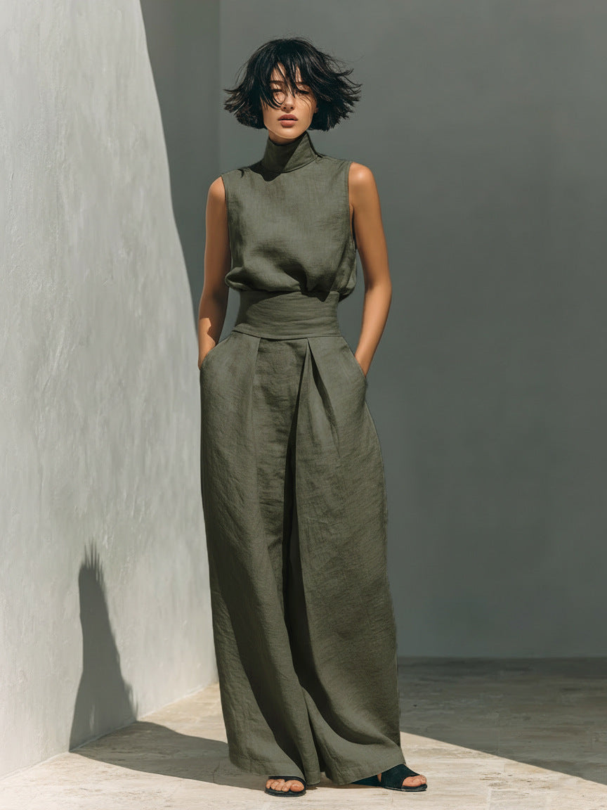 Conjunto de dos piezas de algodón y lino para mujer – Top sin mangas y pantalón de pierna ancha
