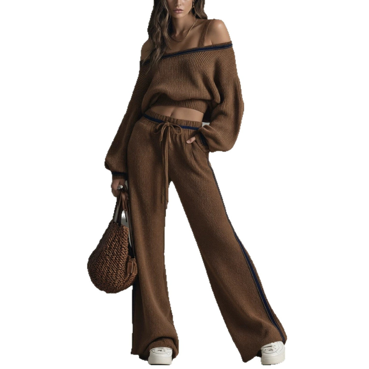Arrival Eye-color Off-shoulder Sweater And Wide-leg Pants Two-piece Set