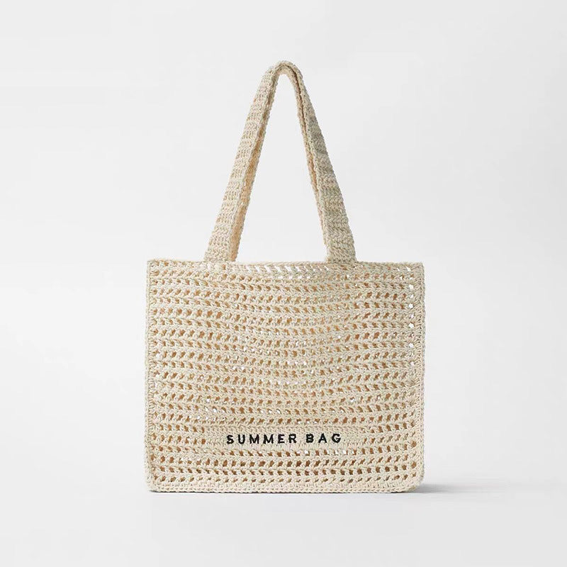 Summer Fairy Hollow Out Cutout out Straw Bag Niche One Shoulder Portable Letter Graphic Woven Bag Women Seaside Vacation Beach Bag
