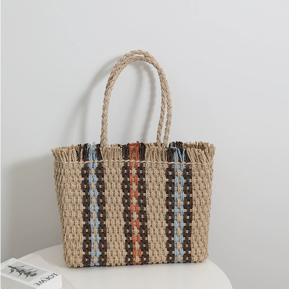 Vertical Stripes Straw Bag Woven Bag Women Simple Large Capacity Portable Shoulder Vacation Beach Bag