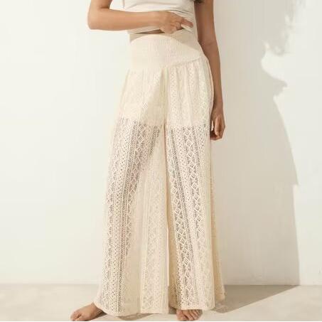 Transparent Low Waist Loose Show Seaside Vacation Sexy Imitation Lace Wide Leg Pants