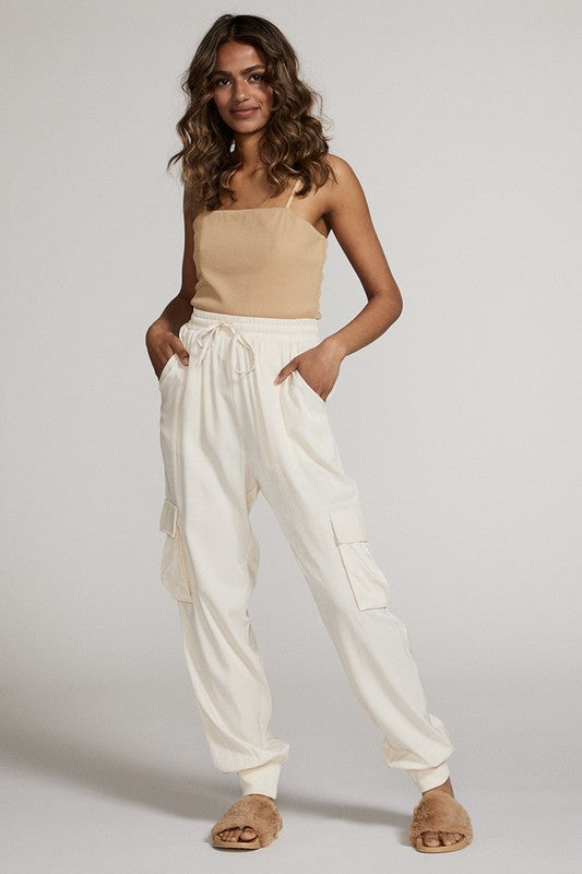 Textured satin cargo pants See size chart under “more details”